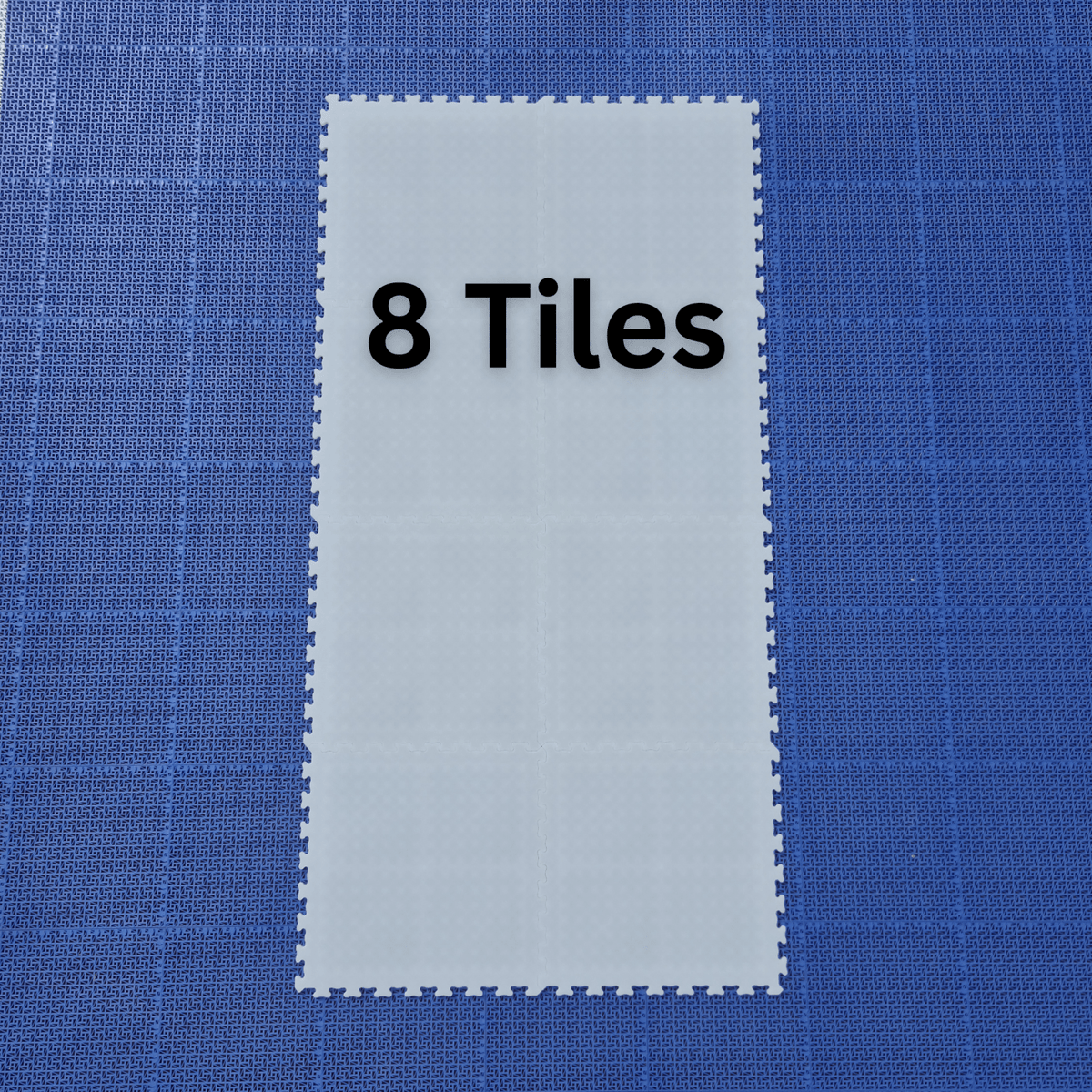 Top-down view of 8 Everyday Ice interlocking hockey tiles assembled in a 2x4 grid pattern on a blue floor
