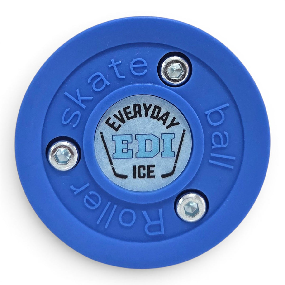 Top-down view of blue Everyday Ice off-ice training puck featuring Everyday Ice logo