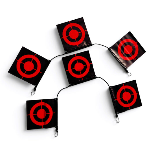 Set of six black and red Everyday Ice precision hockey shooting targets with attachment hooks for hockey net practice