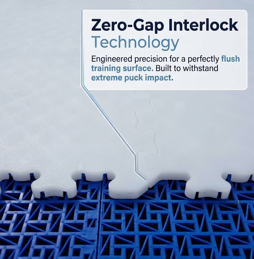 Close-up graphic showing Everyday Ice zero-gap interlocking hockey tiles with a smooth flush seam.
